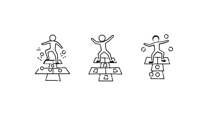 Illustrated figures balancing on money stacks progression.