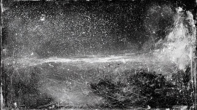 High contrast black and white abstract distressed texture, tiny white particles scattered on mottled dark base, thick white smudges and streaks clustered centrally and right side, chaotic thin lines