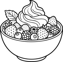 Line Art Bowl of Fresh Berries with Whipped Cream and Mint Leaf © zoro0