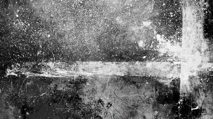 Obraz premium High contrast black and white abstract distressed texture, tiny white particles scattered on mottled dark base, thick white smudges and streaks clustered centrally and right side, chaotic thin lines