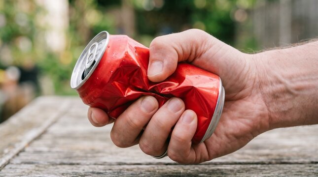 Hand crushing red soda can, aluminum recycling and waste reduction concept outdoors