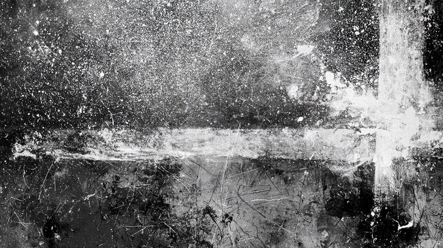 High contrast black and white abstract distressed texture, tiny white particles scattered on mottled dark base, thick white smudges and streaks clustered centrally and right side, chaotic thin lines