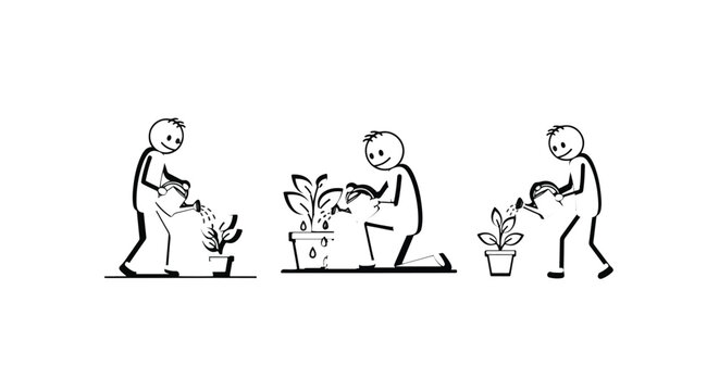 Illustrated characters happily tending to potted plants together.