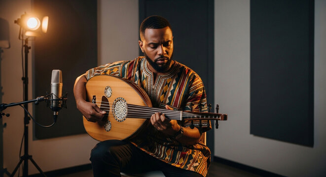 A Black man playing an oud in a recording studio with professional lighting and soundproofing.