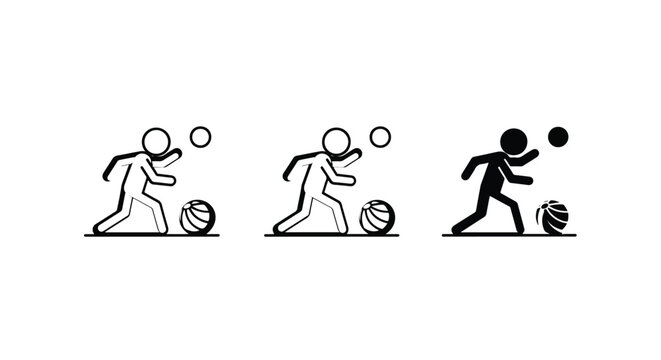 Simple stick figures playing soccer ball sports activity.