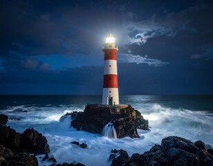 Obraz premium Striped Coastal Lighthouse Glowing on Rocky Island Under Moonlit Night Sky