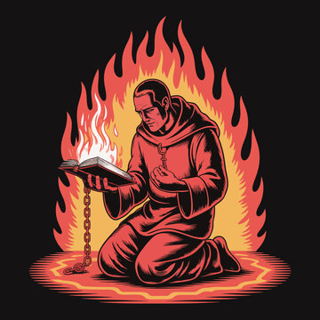 Monk reading book with flames nearby.