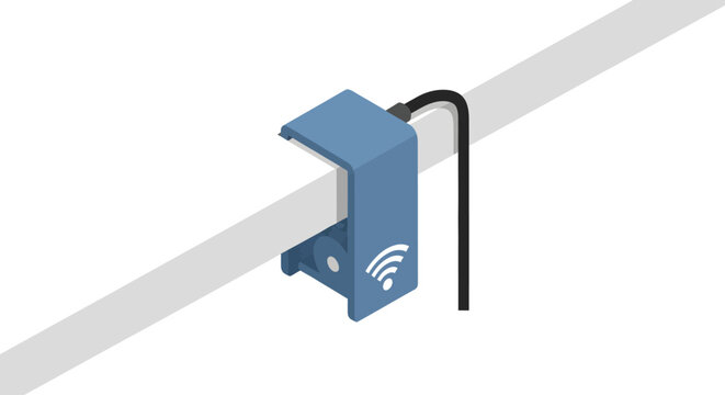 Blue cable clamp with Wi-Fi symbol attached to white rod, vector illustration