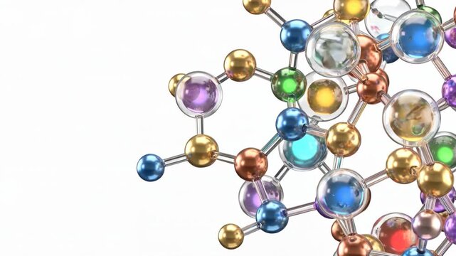 Abstract 3D colorful molecule atom structure on white background with copy space. Medical backdrop template for protein, GLP-1, NAD, NMN, serotonin or dopamine concept. Generative AI.