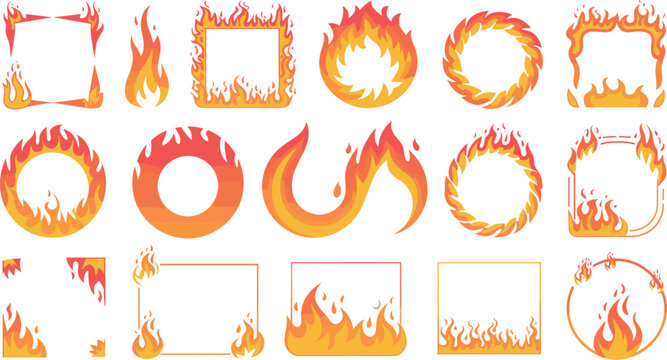 Hot Fire Flames Border Frames and Flaming Circle Rings Vector Graphic Elements Set for Energy, Danger Warning, and Hot Deal Promotion Designs