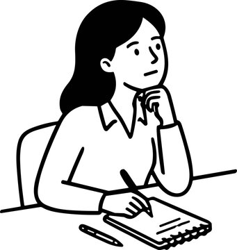 Woman thinking while writing notes in notebook, brainstorming idea, planning, studying, hand-drawn style