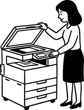Woman using office copier machine for document duplication and scanning