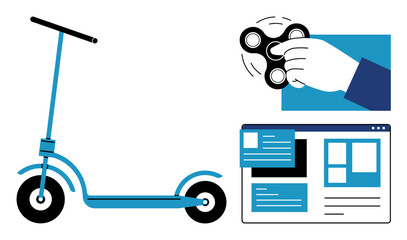 Transportation, digital media, recreation, online browsing, website design, multitasking. A scooter, hand holding a spinner and web interface. Transportation and digital media thematic concepts © robu_s