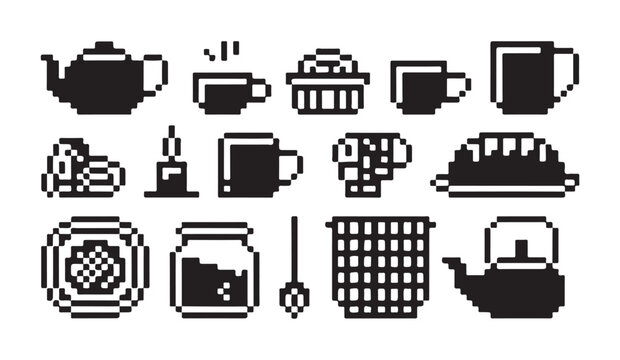 Various pixel art kitchenware and household object icons set teapot, cups, jar, candle.