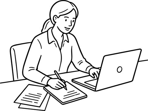 Businesswoman working on laptop and writing notes, simple line art illustration