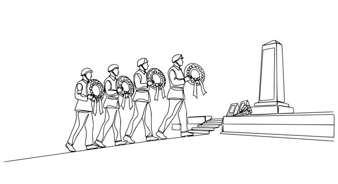 Soldiers carrying wreaths march towards a monument in a solemn procession
