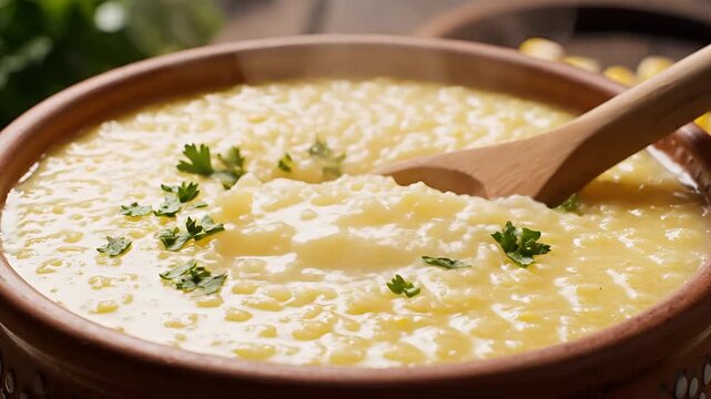 Closeup of Creamy Corn Chowder Being Served with a Wooden Spoon.