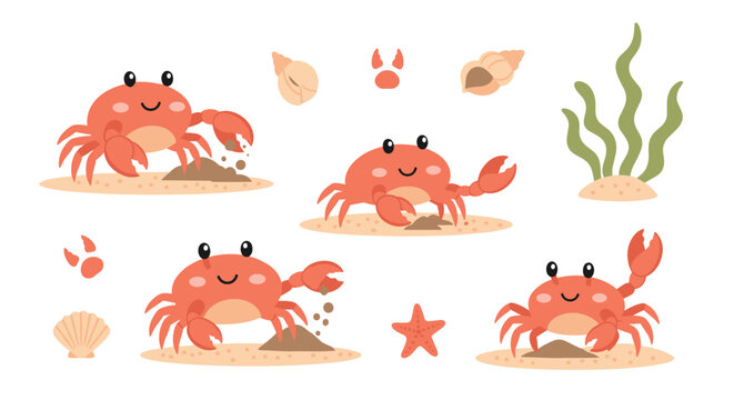 Set of cute crabs digging in sand with seashells and seaweed, charming marine life characters for summer vacation themes and beach decor