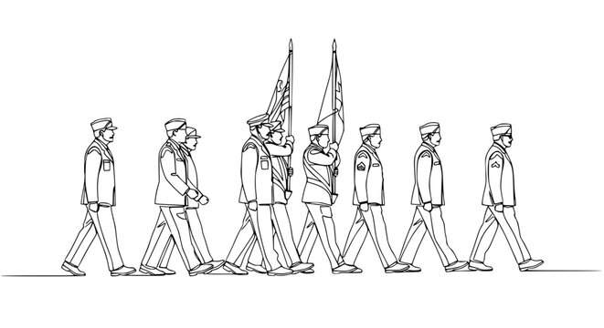 Military Color Guard Marching with Flags - Line Art Illustration