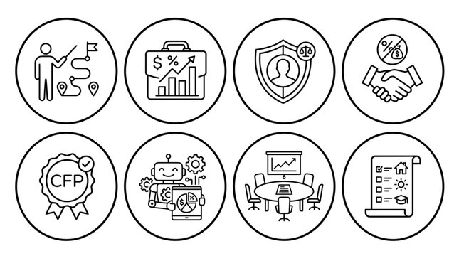 A comprehensive set of modern business and finance vector Outline Icons, essential for economic strategy and planning, available as scalable SVG graphics