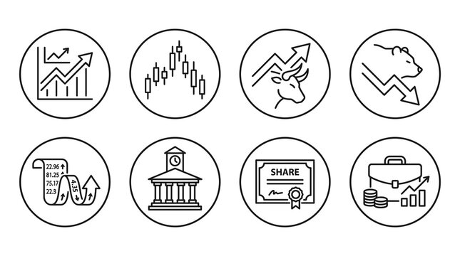 Vector and svg Outline Icons for Finance and Economy. Concise set illustrating market trends, investment, and economic indicators for diverse business applications