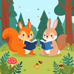 Fototapeta premium Rabbits Reading Serene Forest Setting