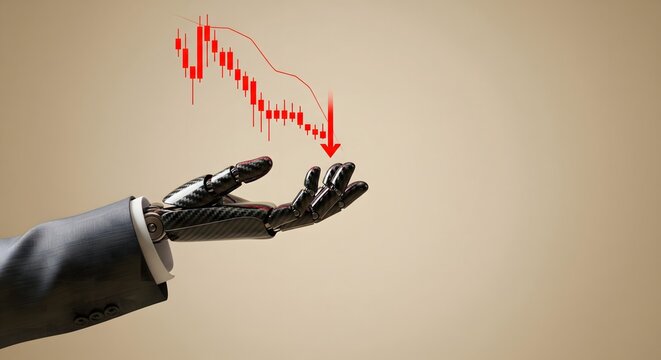 Robotic hand in a business suit holding a declining red stock market candlestick chart representing a financial crisis