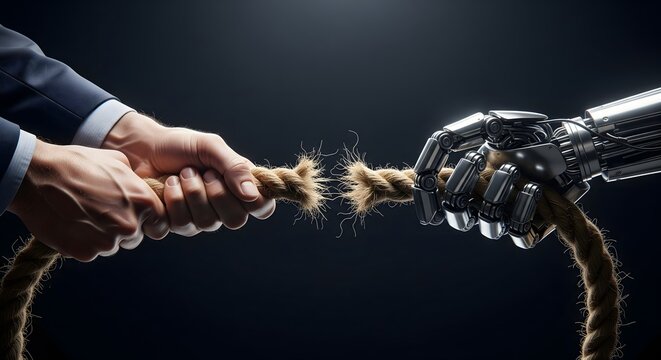 Human hands and a robotic arm engaged in a tug of war with a fraying rope, symbolizing the tension between humanity and artificial intelligence.