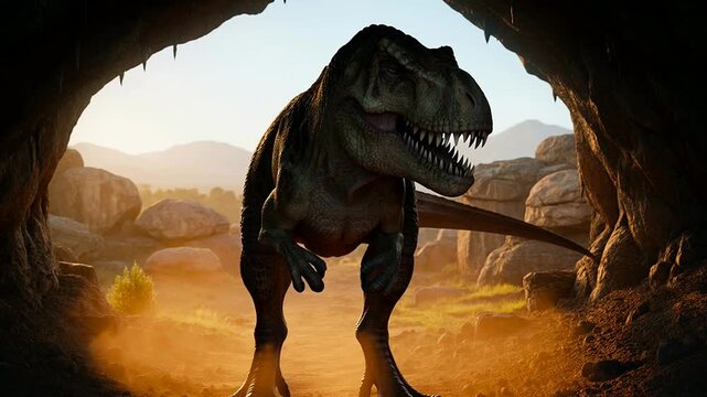 Tyrannosaurus-rex emerging from a dark cave into the sunlight