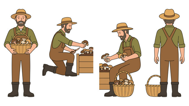 Mushroom picker man with basket full of fungi showing harvesting process.