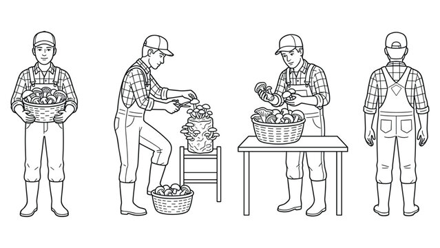 Mushroom farm worker harvesting fresh fungi showing cultivation process.