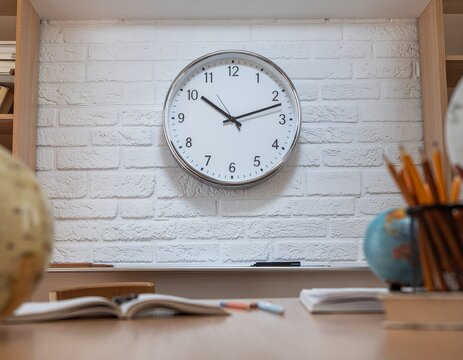 Vintage round wall clock with white face and black numbers on brick wall above wooden desk with stationery and globe in minimalist workspace or cla...