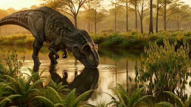Tyrannosaurus-rex drinking water in a prehistoric swamp at sunset
