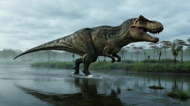 Tyrannosaurus-rex walking through a misty prehistoric swamp
