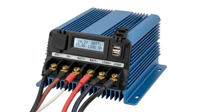 A blue solar charge controller with various wires connected is displayed.