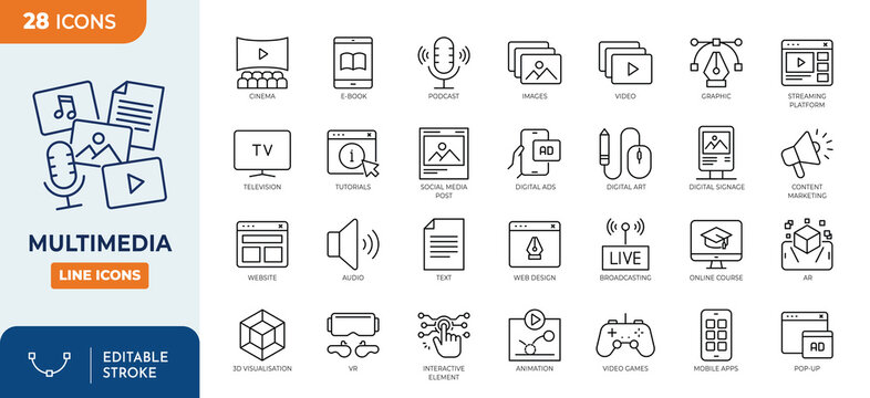 Multimedia icon set. Contain icons related to Multimedia, Media, Audio, Video, Image, Graphic, Sound, Music, Visual, Digital, Broadcast, and more. editable stroke. Vector illustration	
