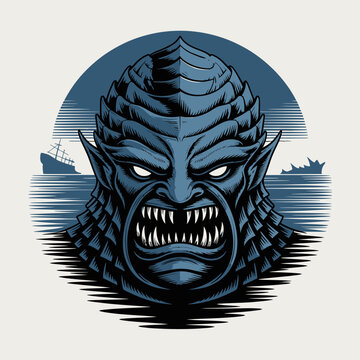 Monster sea creature head closeup illustration.