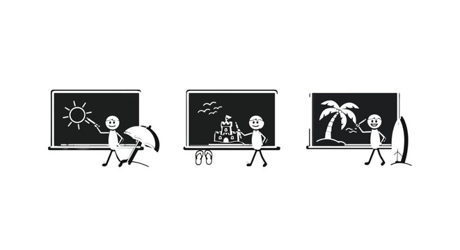 Stick figure presentations with vacation themes on screens.