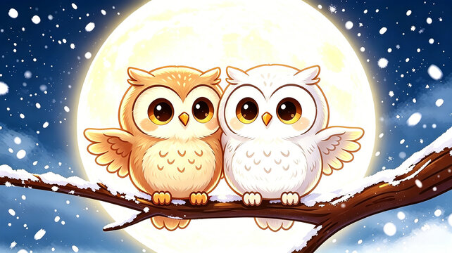 Adorable Two Owls Sitting Together on Snow‑Covered Branch with Snowflakes and Glowing Moon, Whimsical Winter Art