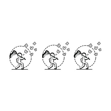 Whimsical running figures with hearts in circular frames.