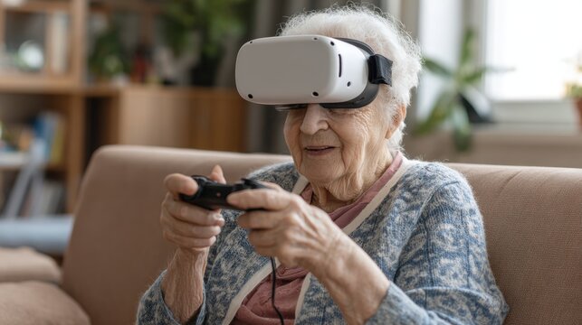 Senior woman playing video games with virtual reality headset and controller on sofa. Elderly gamer enjoying immersive VR experience, technology and interactive home entertainment