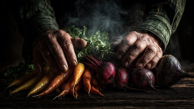Close-up of aged hands displaying colorful harvested root vegetables with steam