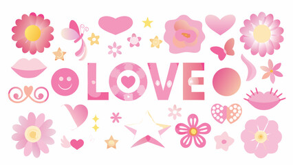 Fototapeta premium pastel pink floral and heart elements with love typography