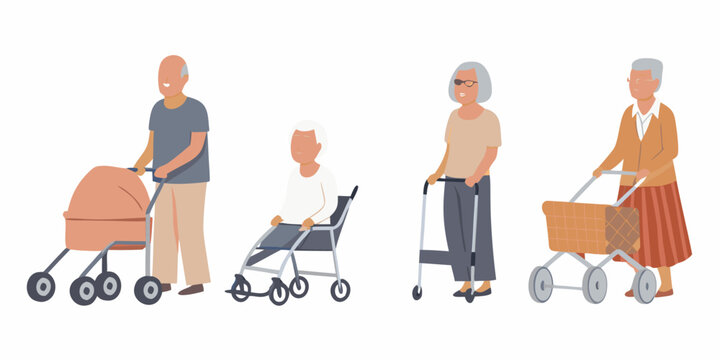 elderly people with mobility aids vector illustration on white background