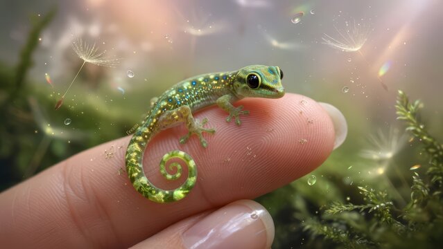 Tiny Little Green Gecko Sitting on a Human Finger in a Magical Forest Macro Illustration