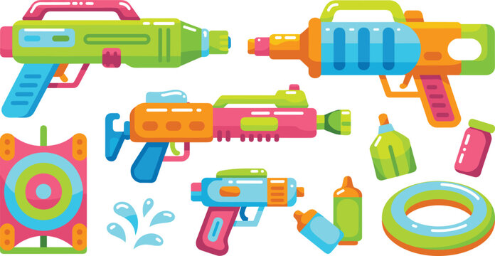 Colorful Summer Water Gun Vector Set with Squirt Blasters, Target Board, Splash Droplets, Swim Ring, and Refill Bottles Graphic Elements