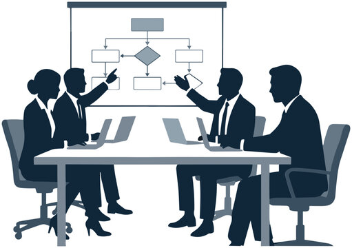 Business meeting: team discussing flowchart on projector screen, teamwork, strategy, planning