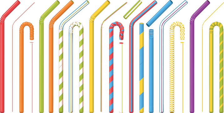 Colorful Reusable and Disposable Drinking Straws Vector Icon Set with Striped, Flexible, and Straight Designs for Party, Bar, and Beverage Menu Illustrations