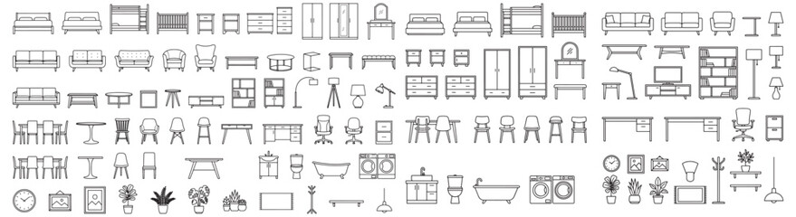 Set of interior furniture CAD icons featuring sofas, tables, chairs, and home appliances in line art style © Sapumal