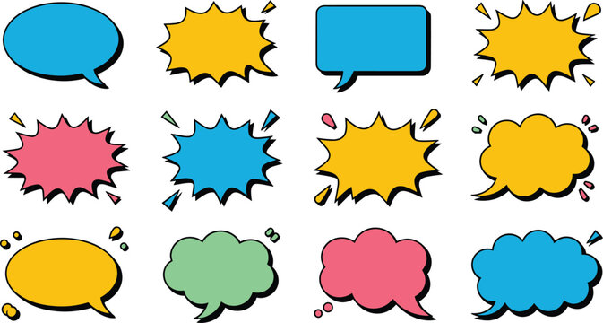 Colorful Comic Book Speech Bubbles and Explosion Blank Cloud Text Boxes Vector Graphic Elements Set for Retro Pop Art Comic Strip Designs